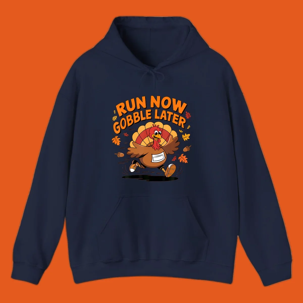 Cartoon turkey running with text "RUN NOW GOBBLE LATER" for Thanksgiving Turkey Trot shirt.