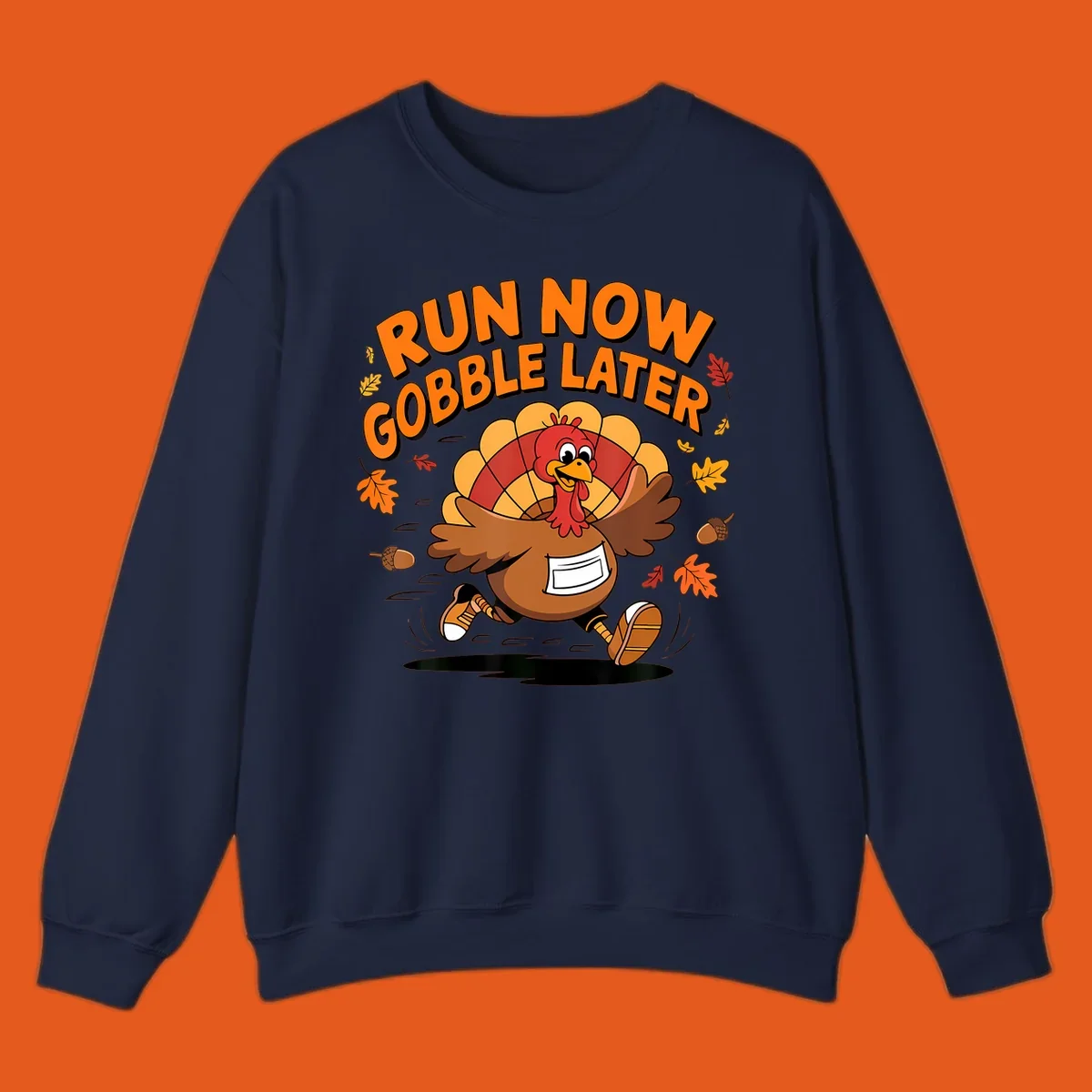 Cartoon turkey running with text "RUN NOW GOBBLE LATER" for Thanksgiving Turkey Trot shirt.