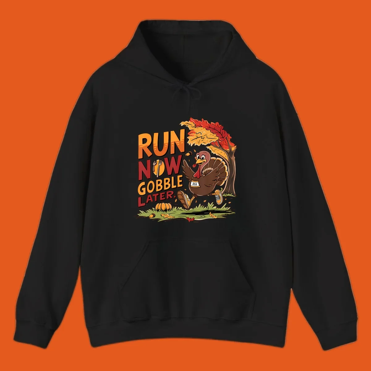 Illustration of a turkey running with text "RUN NOW GOBBLE LATER." for Thanksgiving.