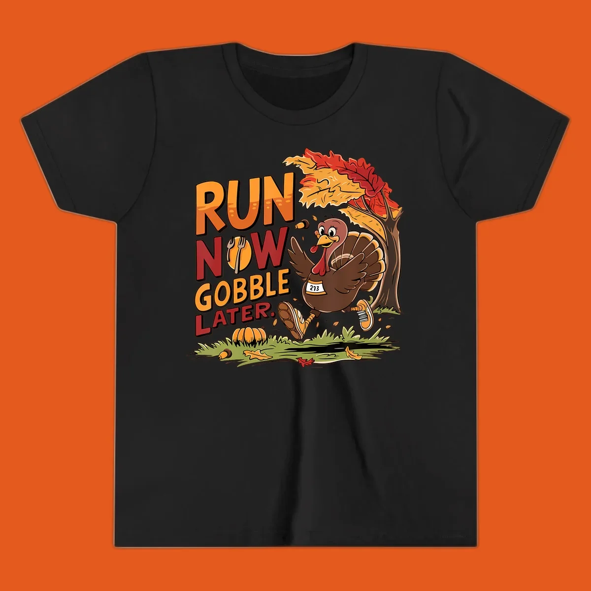 Illustration of a turkey running with text "RUN NOW GOBBLE LATER." for Thanksgiving.