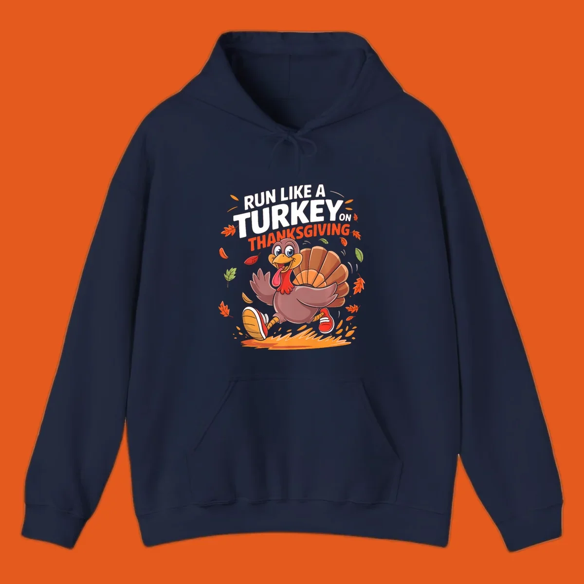 Cartoon turkey running with 'Run Like A Turkey On Thanksgiving' text, autumn leaves.