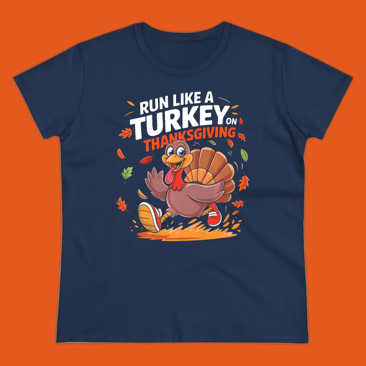 Cartoon turkey running with 'Run Like A Turkey On Thanksgiving' text, autumn leaves.