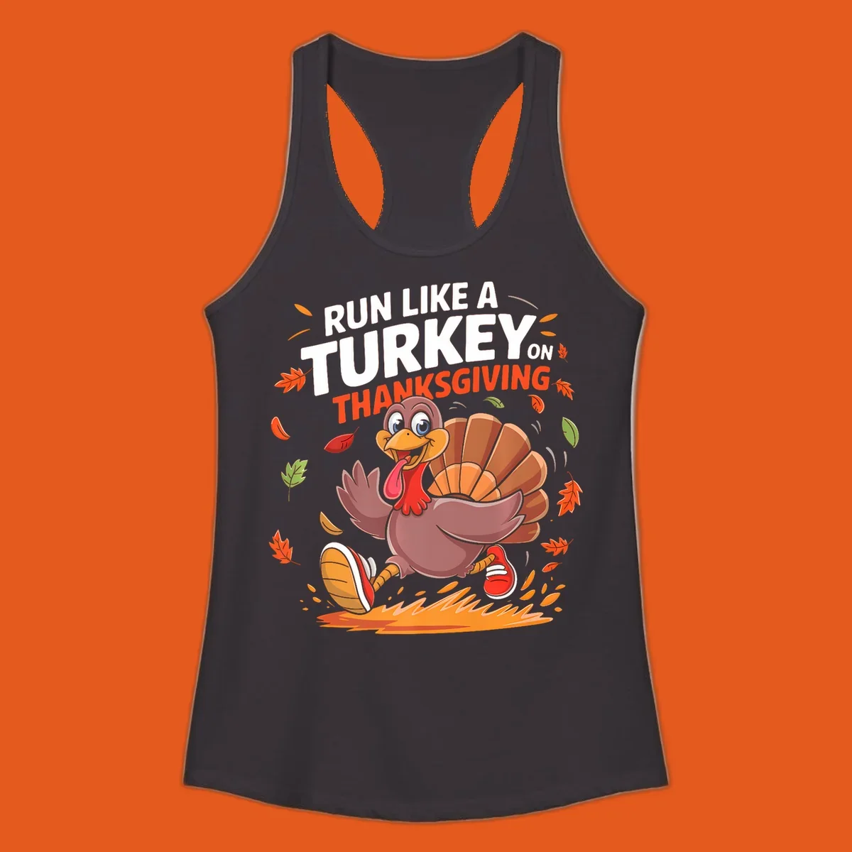 Cartoon turkey running with 'Run Like A Turkey On Thanksgiving' text, autumn leaves.