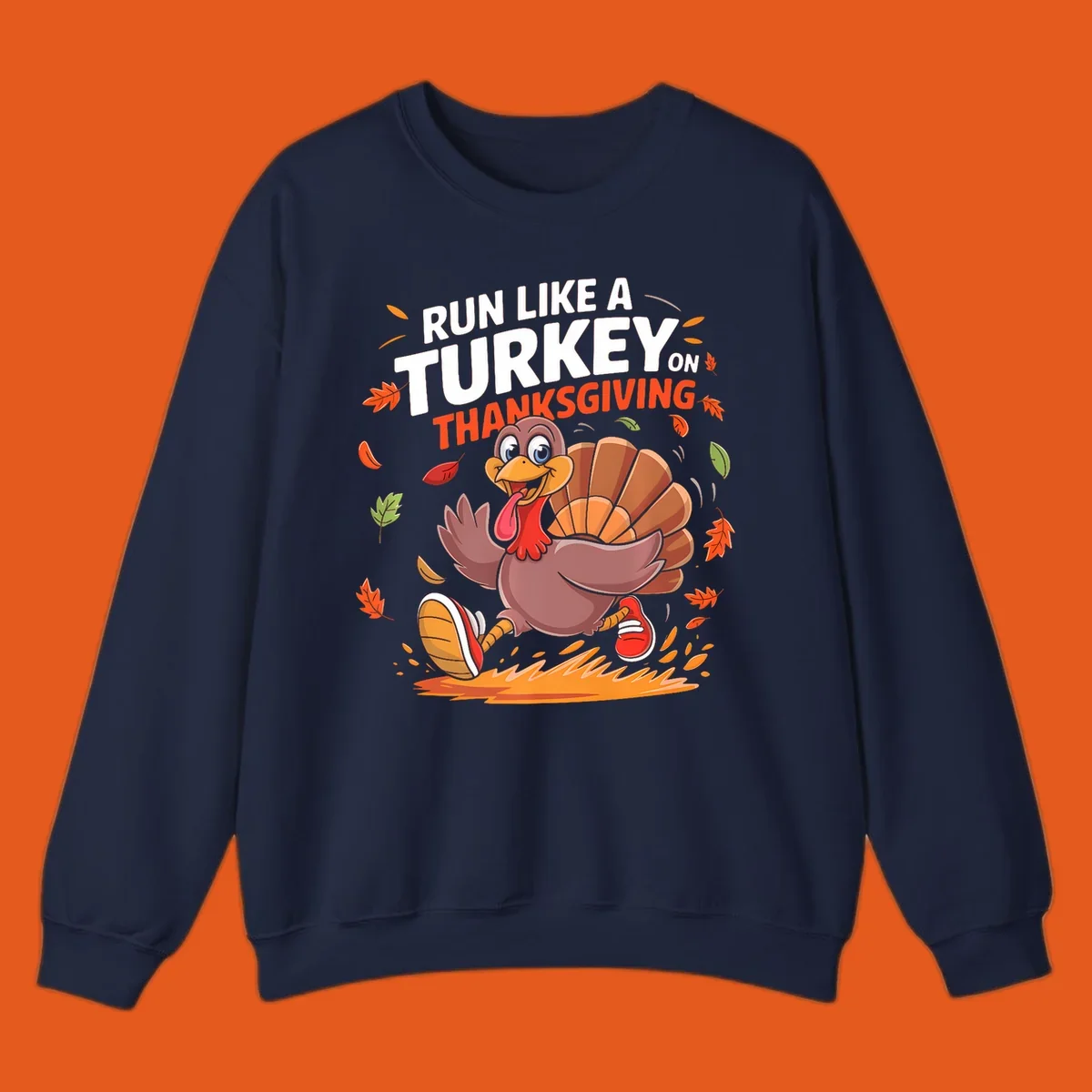 Cartoon turkey running with 'Run Like A Turkey On Thanksgiving' text, autumn leaves.