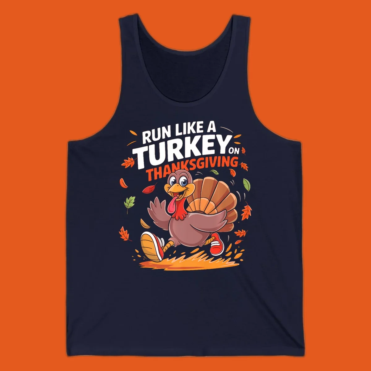 Cartoon turkey running with 'Run Like A Turkey On Thanksgiving' text, autumn leaves.