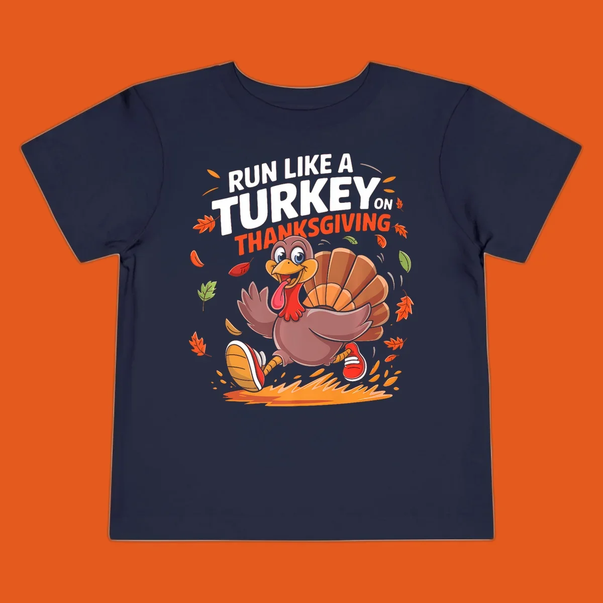 Cartoon turkey running with 'Run Like A Turkey On Thanksgiving' text, autumn leaves.