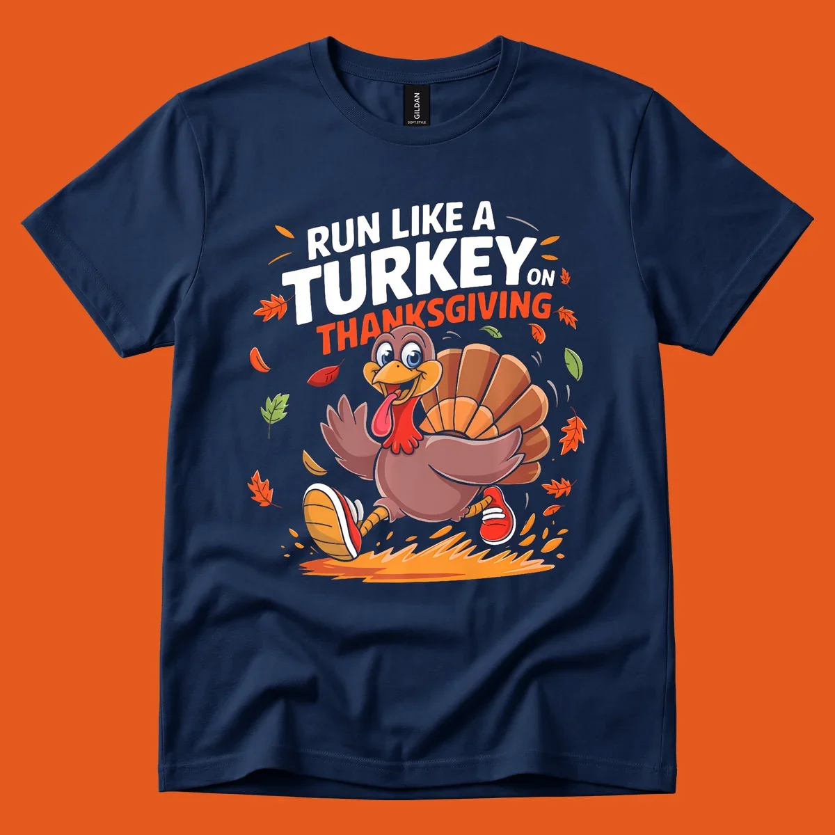 Cartoon turkey running with 'Run Like A Turkey On Thanksgiving' text, autumn leaves.