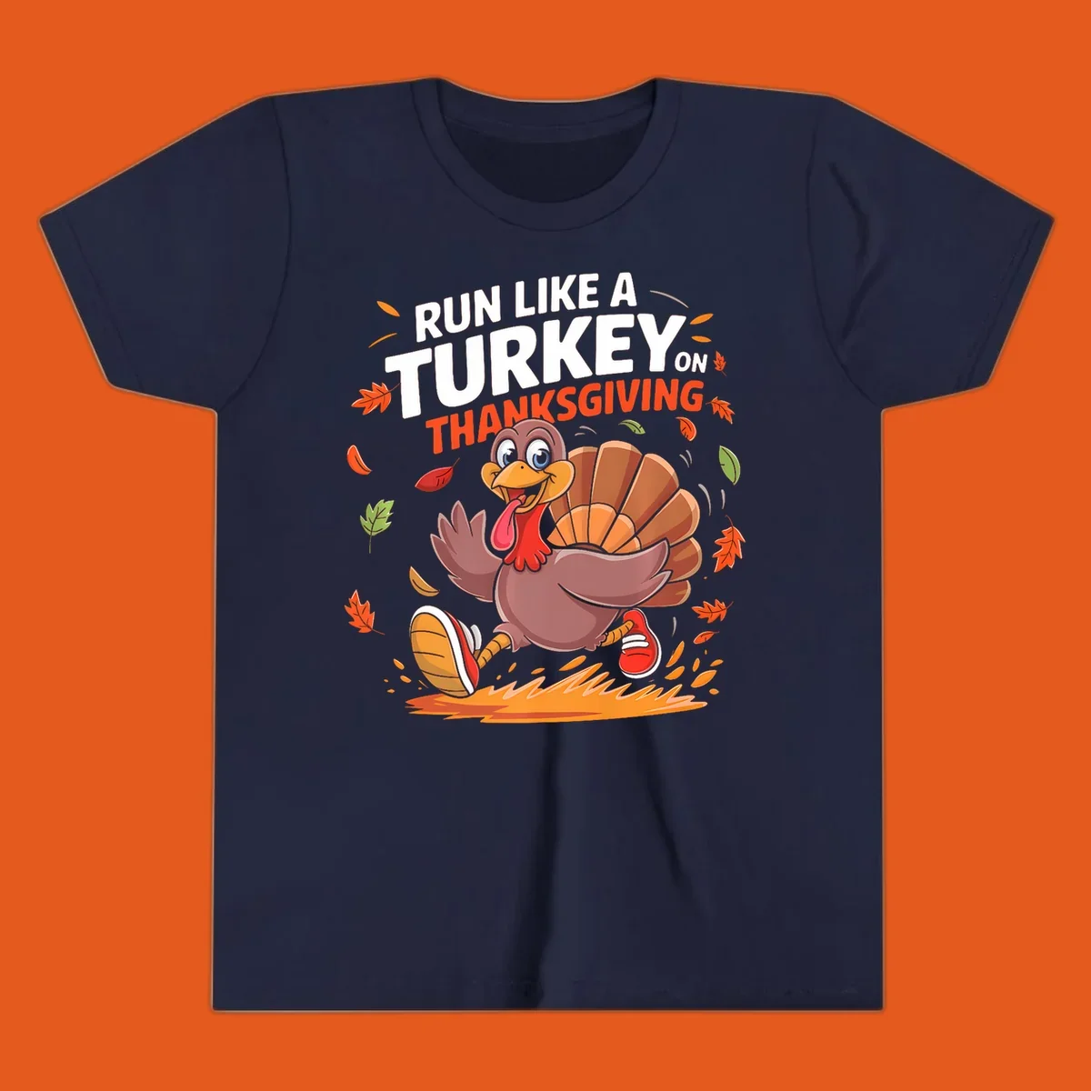 Cartoon turkey running with 'Run Like A Turkey On Thanksgiving' text, autumn leaves.