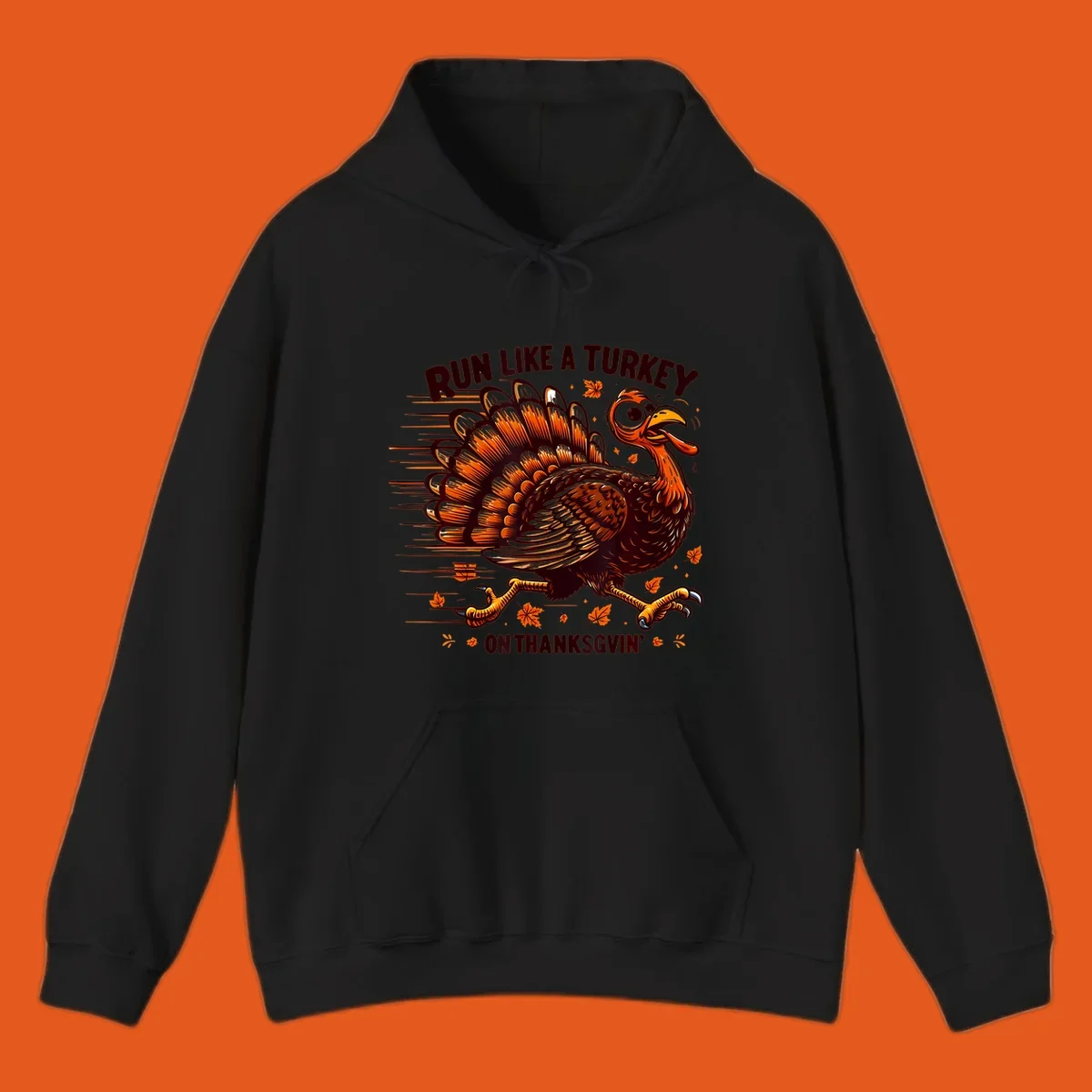 Illustration of a running turkey with text 'RUN LIKE A TURKEY ON THANKSGVIN'', for Thanksgiving Day races.