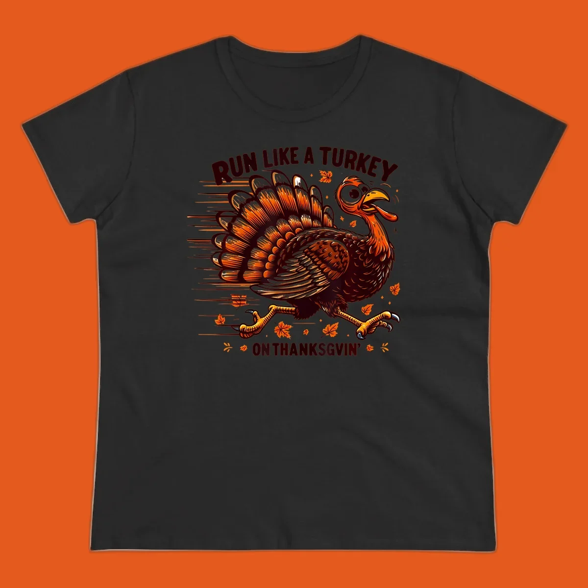 Illustration of a running turkey with text 'RUN LIKE A TURKEY ON THANKSGVIN'', for Thanksgiving Day races.