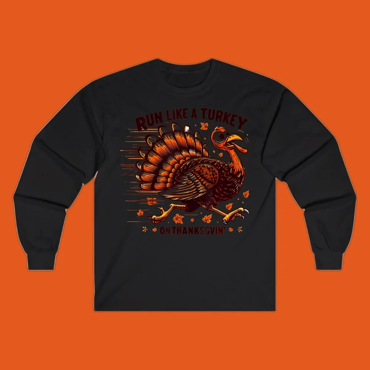 Illustration of a running turkey with text 'RUN LIKE A TURKEY ON THANKSGVIN'', for Thanksgiving Day races.