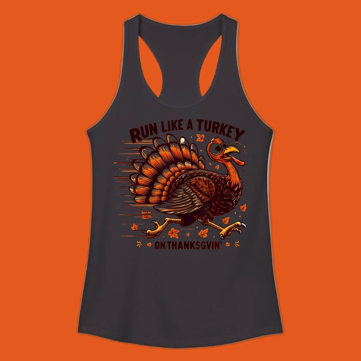Illustration of a running turkey with text 'RUN LIKE A TURKEY ON THANKSGVIN'', for Thanksgiving Day races.