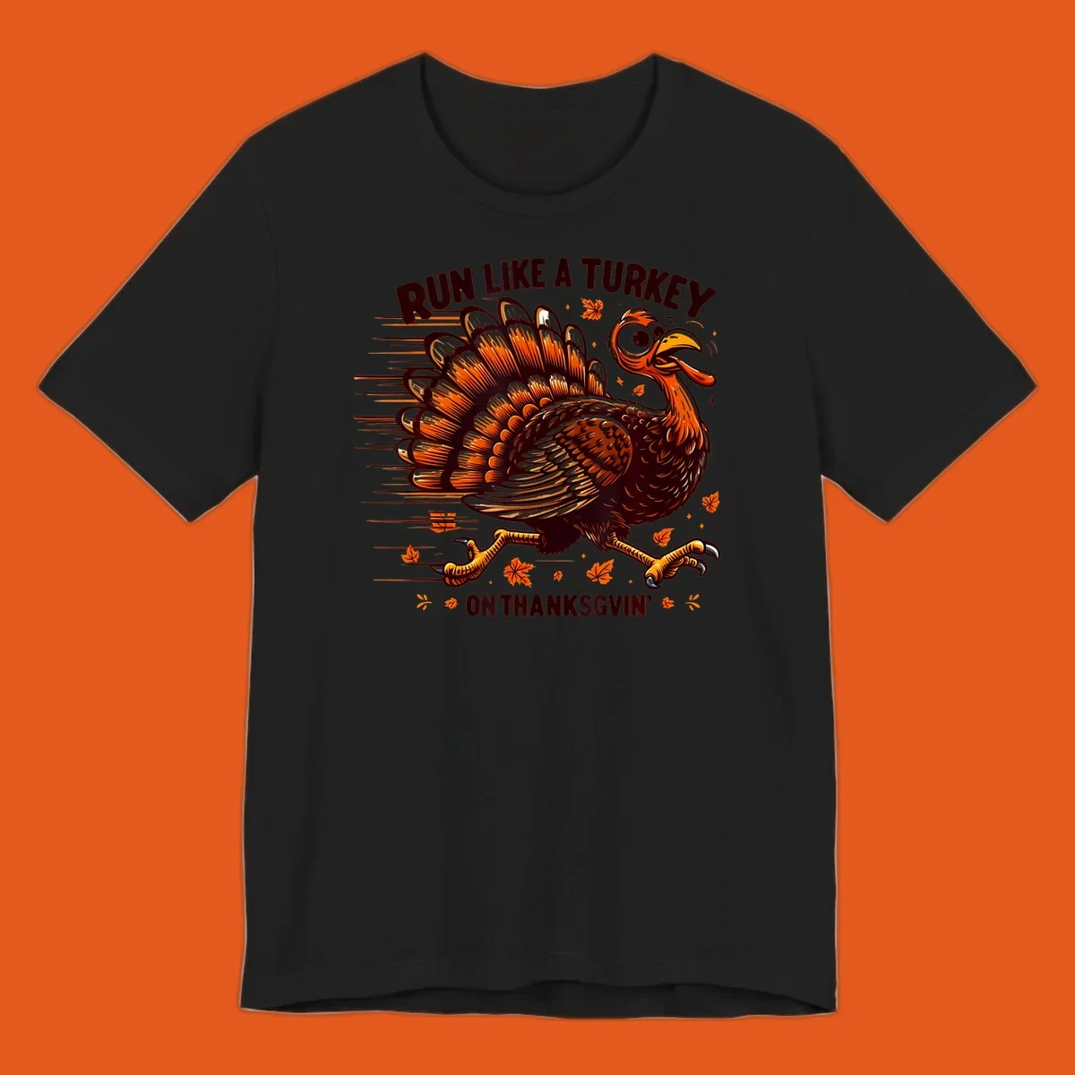 Illustration of a running turkey with text 'RUN LIKE A TURKEY ON THANKSGVIN'', for Thanksgiving Day races.