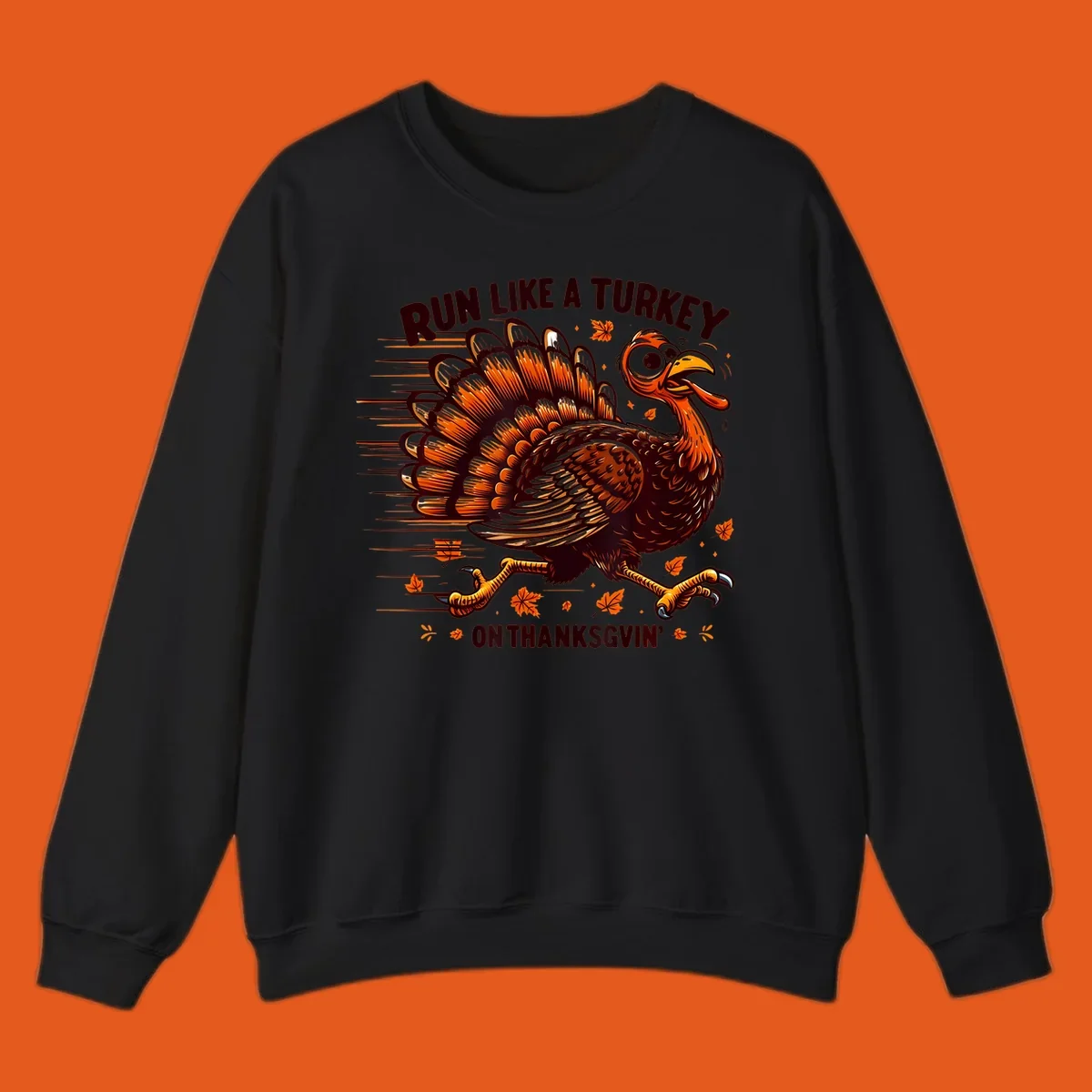 Illustration of a running turkey with text 'RUN LIKE A TURKEY ON THANKSGVIN'', for Thanksgiving Day races.