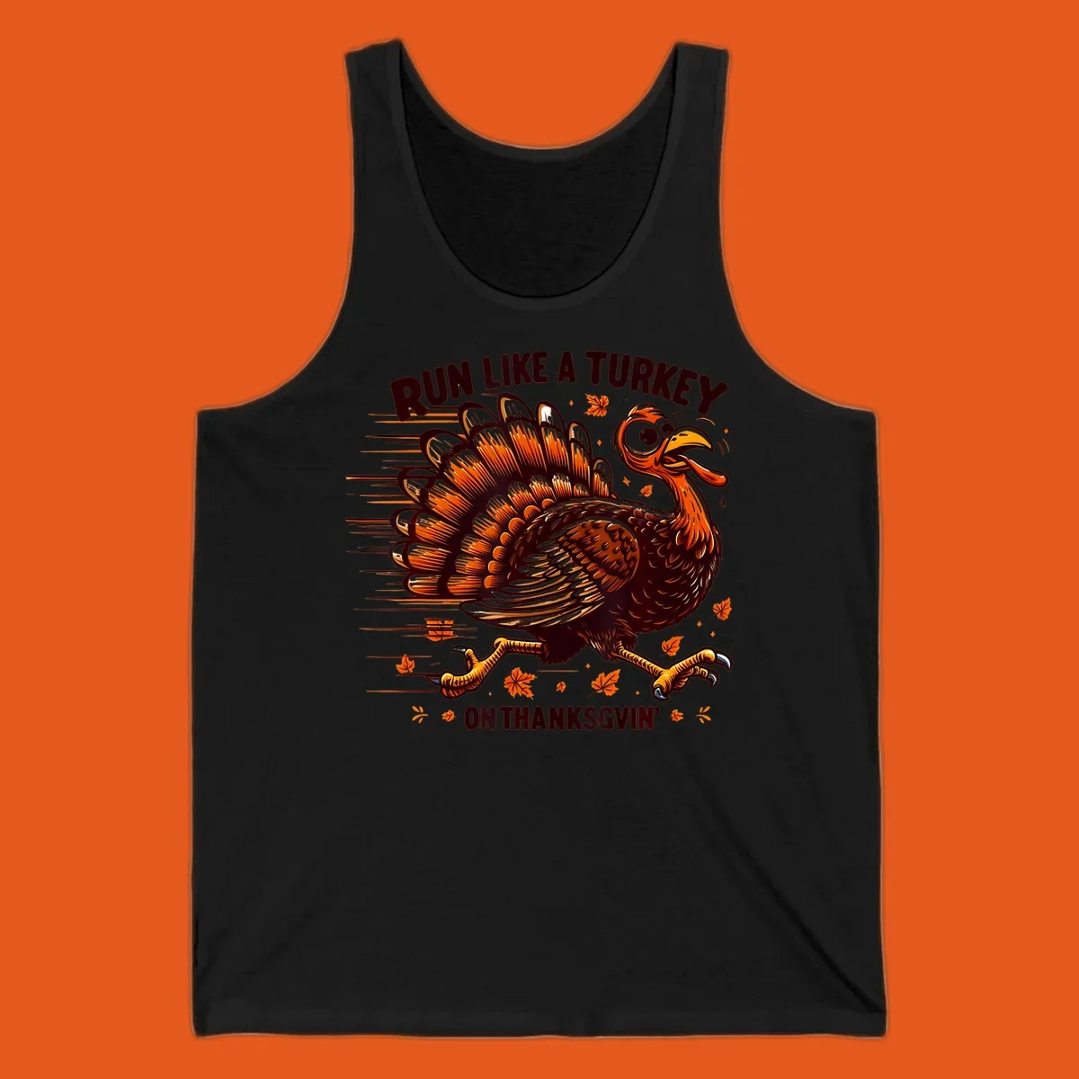 Illustration of a running turkey with text 'RUN LIKE A TURKEY ON THANKSGVIN'', for Thanksgiving Day races.