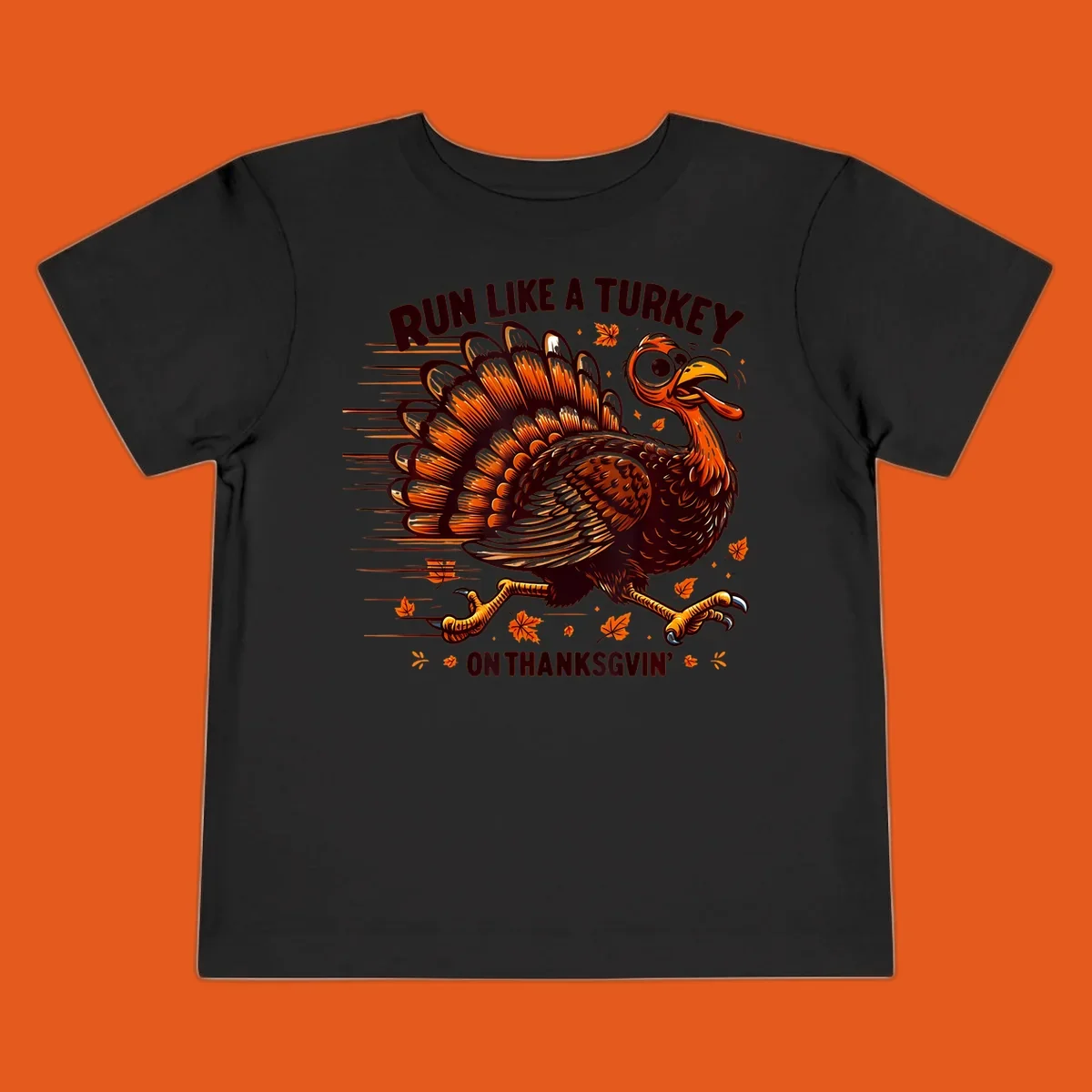 Illustration of a running turkey with text 'RUN LIKE A TURKEY ON THANKSGVIN'', for Thanksgiving Day races.