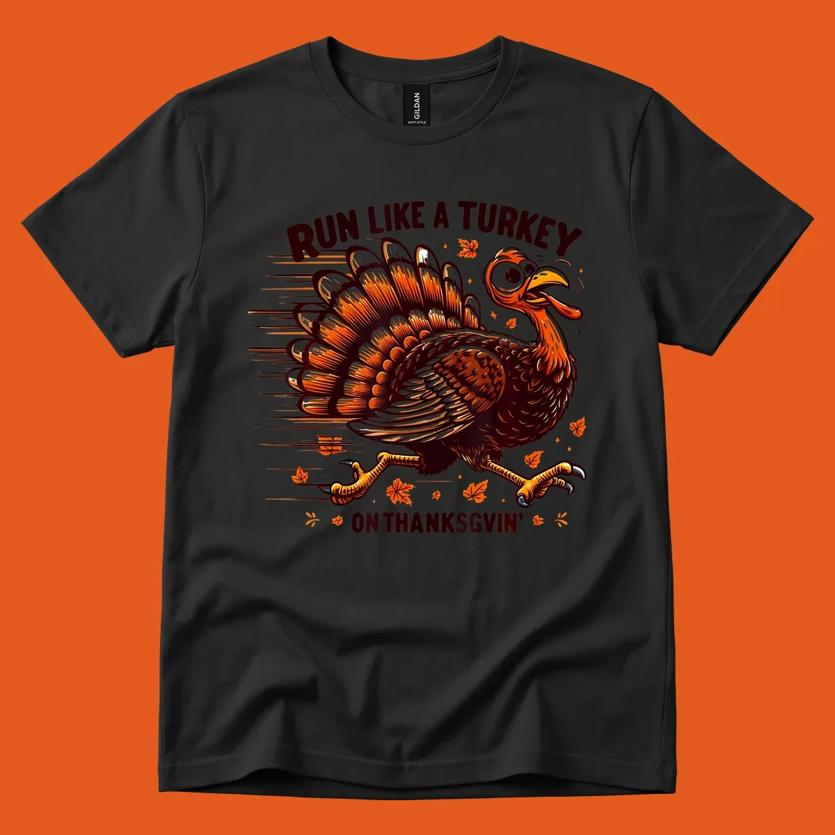 Illustration of a running turkey with text 'RUN LIKE A TURKEY ON THANKSGVIN'', for Thanksgiving Day races.