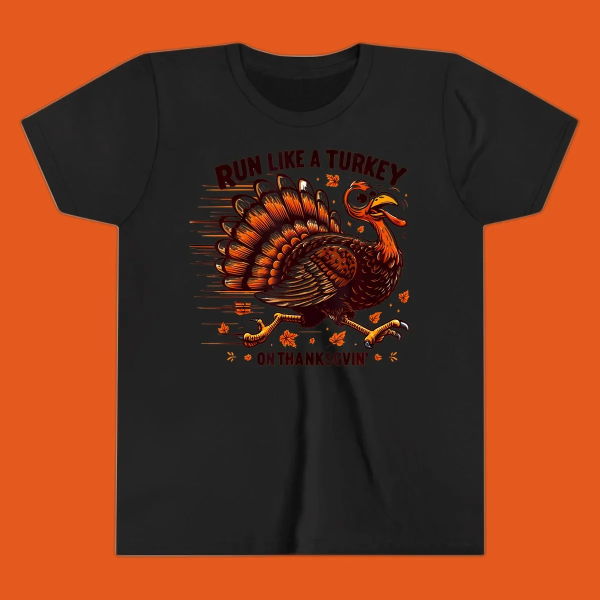 Illustration of a running turkey with text 'RUN LIKE A TURKEY ON THANKSGVIN'', for Thanksgiving Day races.