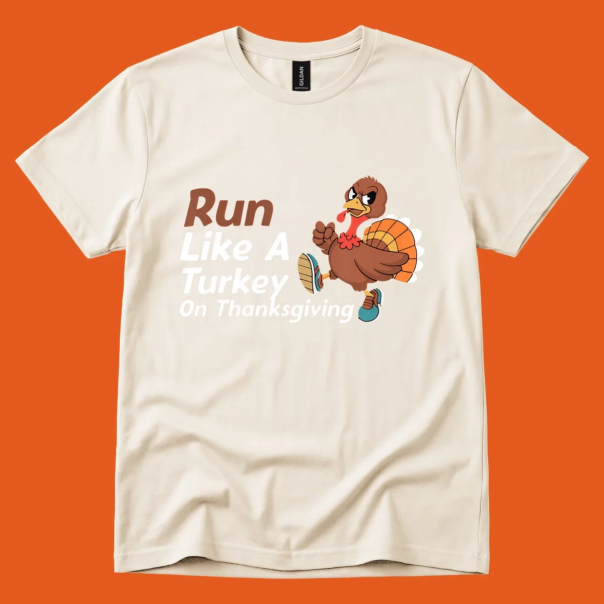 Run Like A Turkey Thanksgiving design with a cartoon turkey running and text, for turkey trot runners.