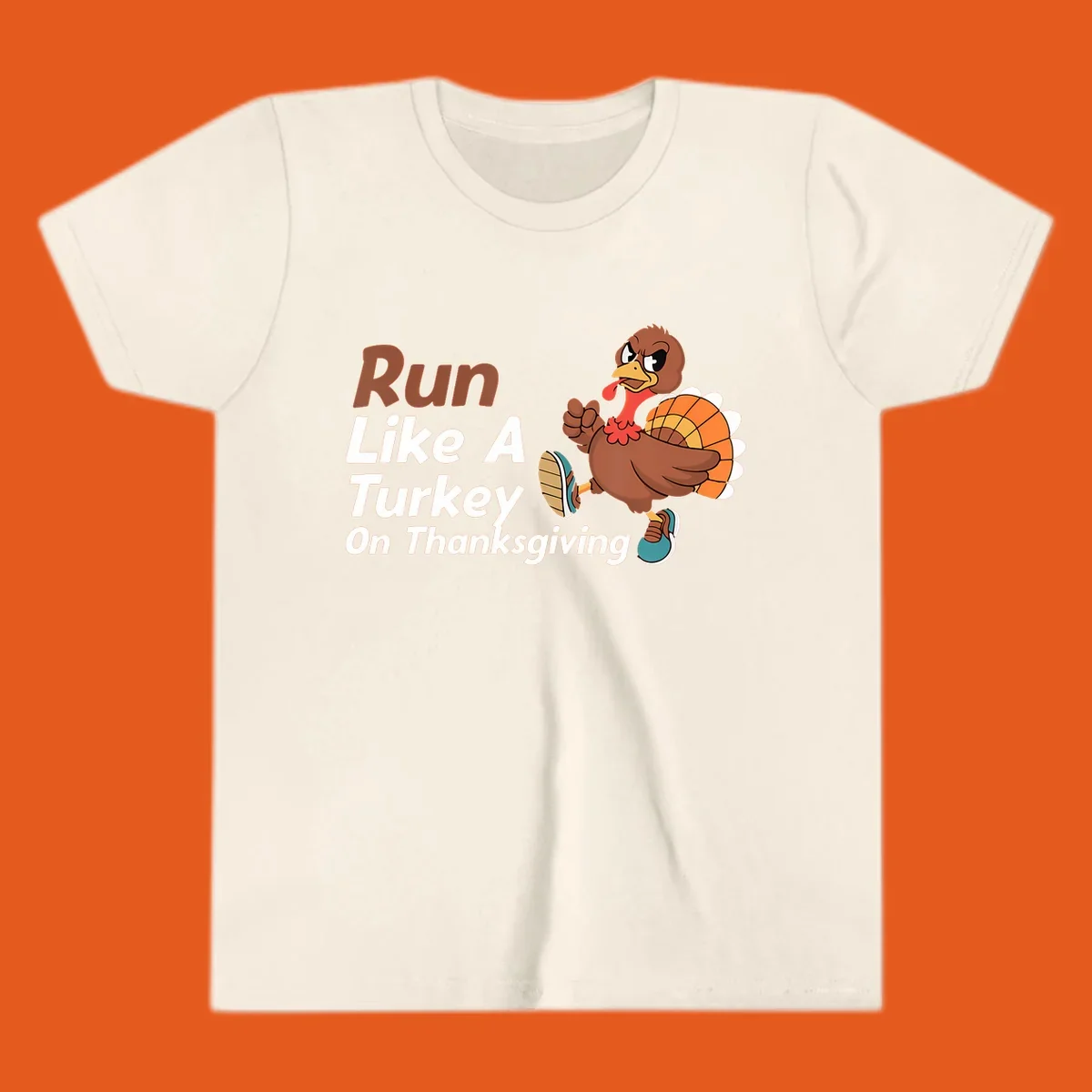 Run Like A Turkey Thanksgiving design with a cartoon turkey running and text, for turkey trot runners.