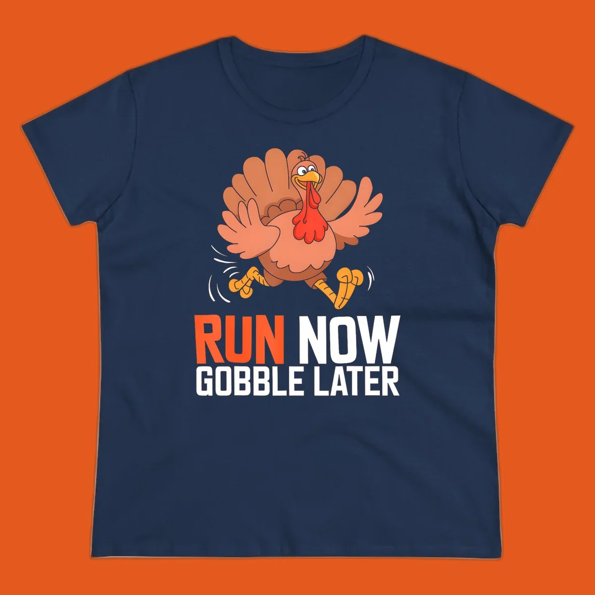 Running turkey with text 'RUN NOW GOBBLE LATER' for Turkey Trot run designs.