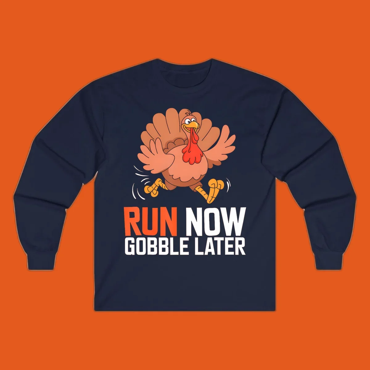Running turkey with text 'RUN NOW GOBBLE LATER' for Turkey Trot run designs.