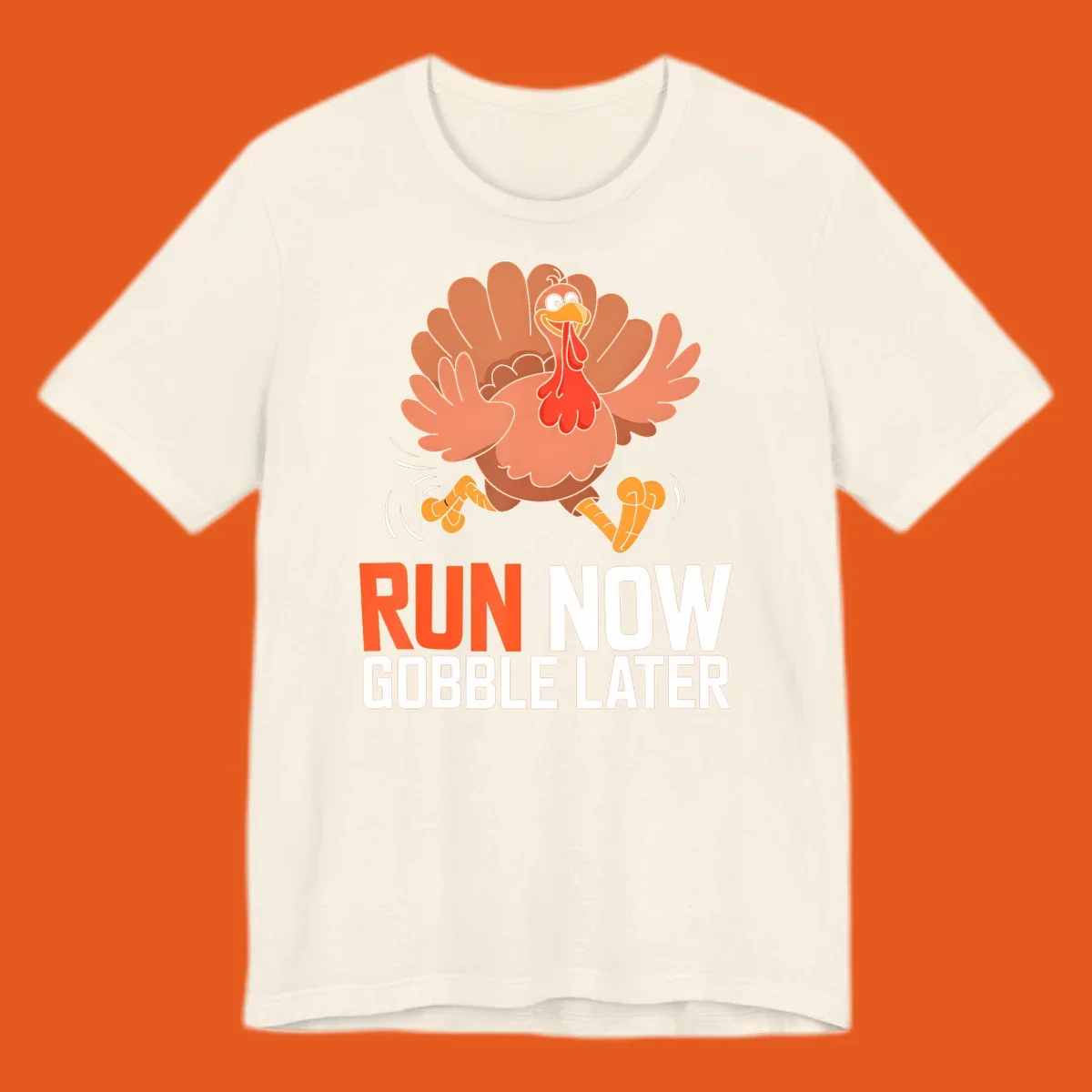 Running turkey with text 'RUN NOW GOBBLE LATER' for Turkey Trot run designs.