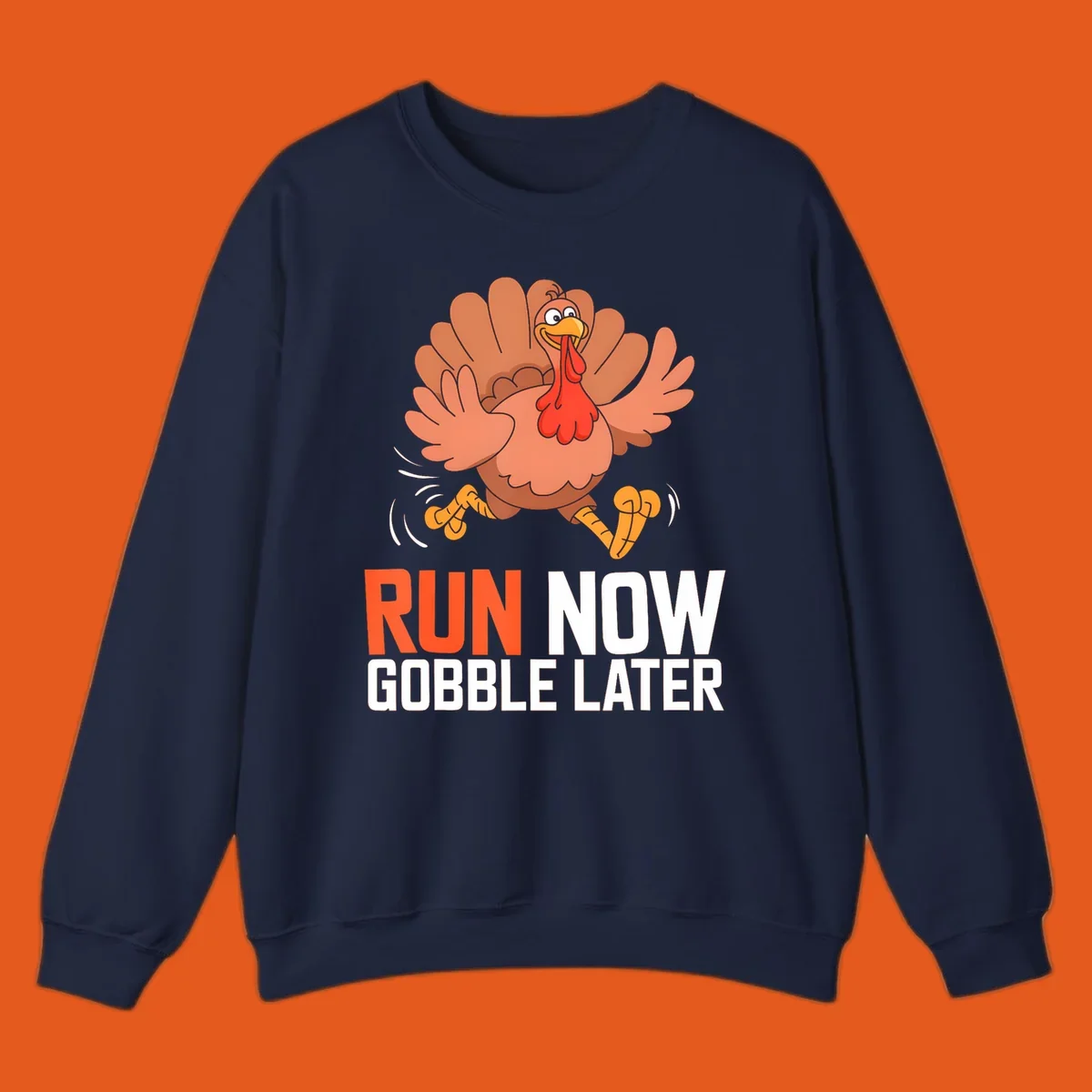 Running turkey with text 'RUN NOW GOBBLE LATER' for Turkey Trot run designs.