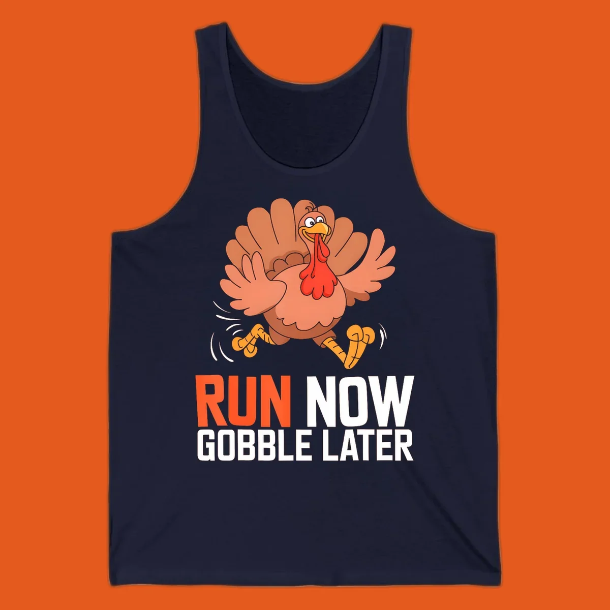 Running turkey with text 'RUN NOW GOBBLE LATER' for Turkey Trot run designs.