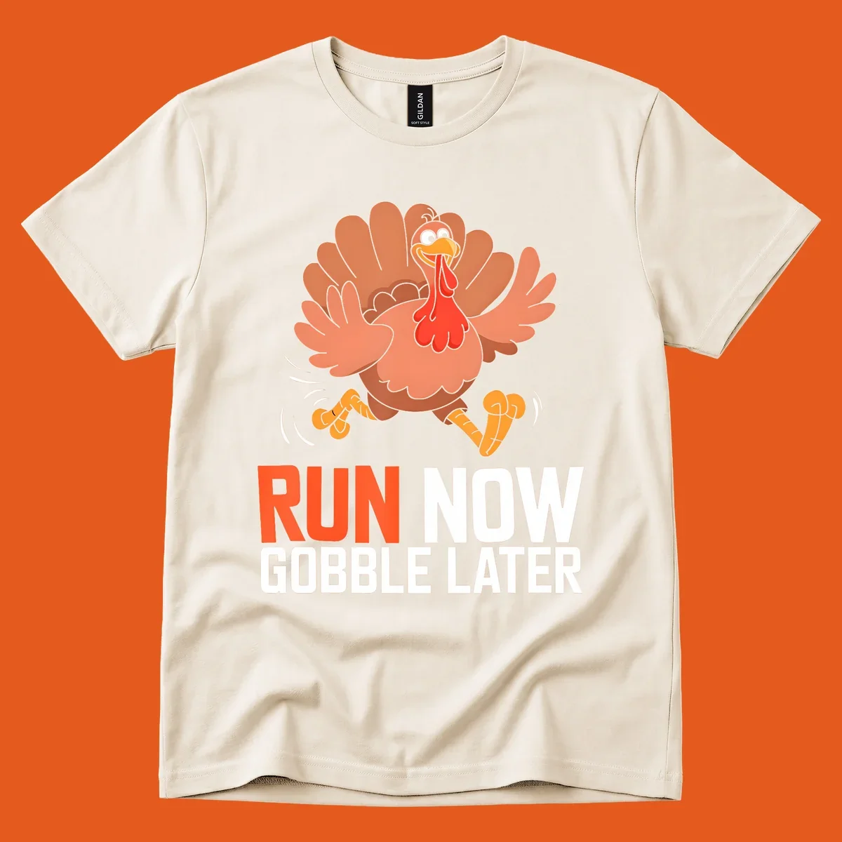 Running turkey with text 'RUN NOW GOBBLE LATER' for Turkey Trot run designs.