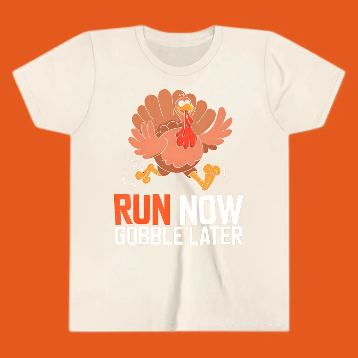 Running turkey with text 'RUN NOW GOBBLE LATER' for Turkey Trot run designs.