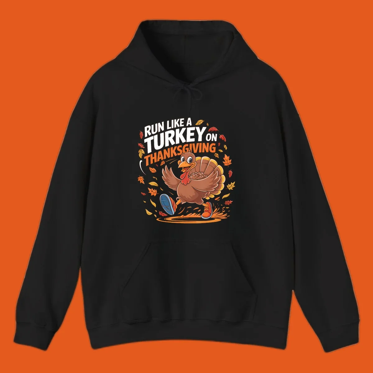 Cartoon turkey running with text 'Run Like A Turkey On Thanksgiving'.