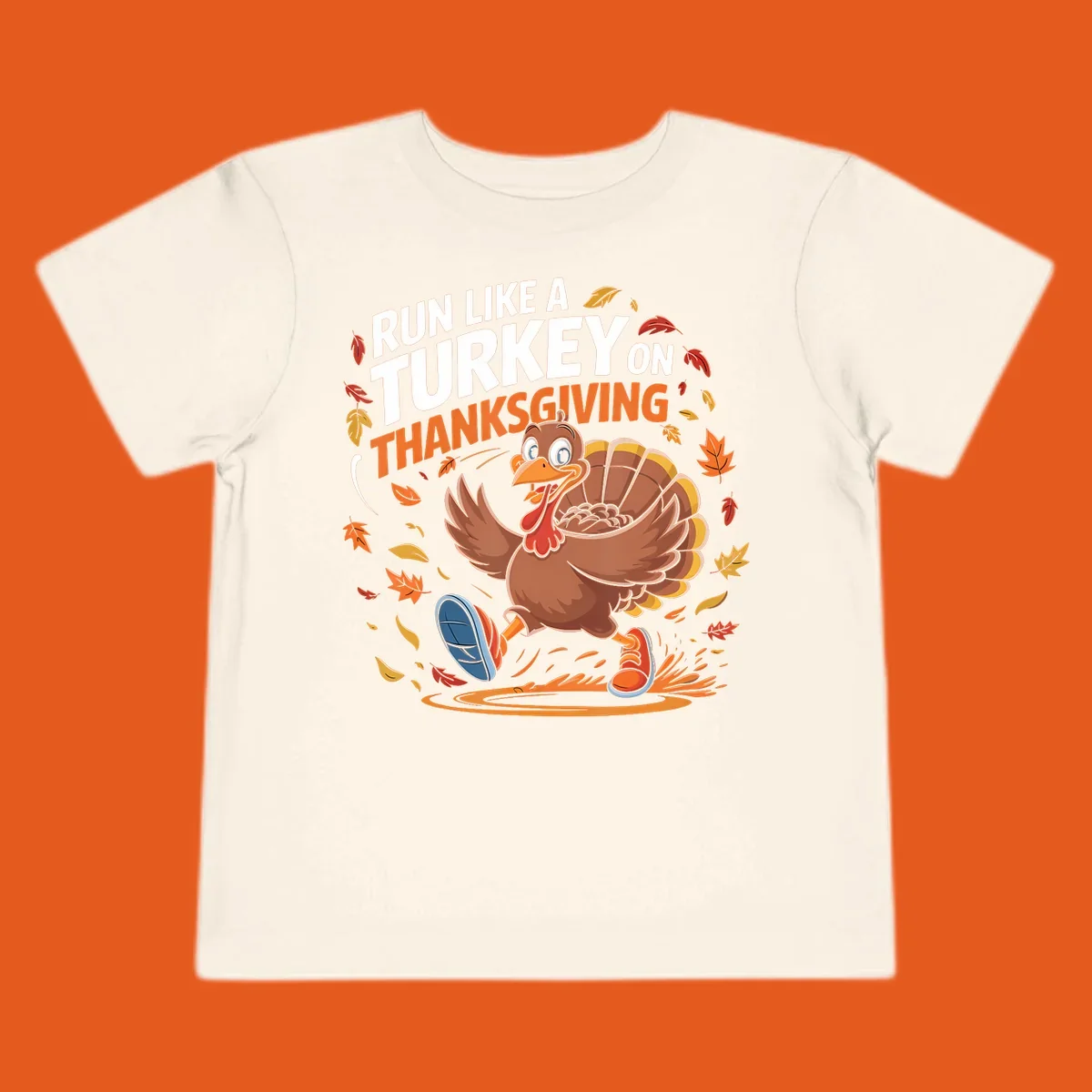 Cartoon turkey running with text 'Run Like A Turkey On Thanksgiving'.