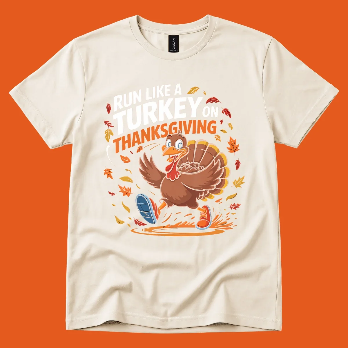 Cartoon turkey running with text 'Run Like A Turkey On Thanksgiving'.
