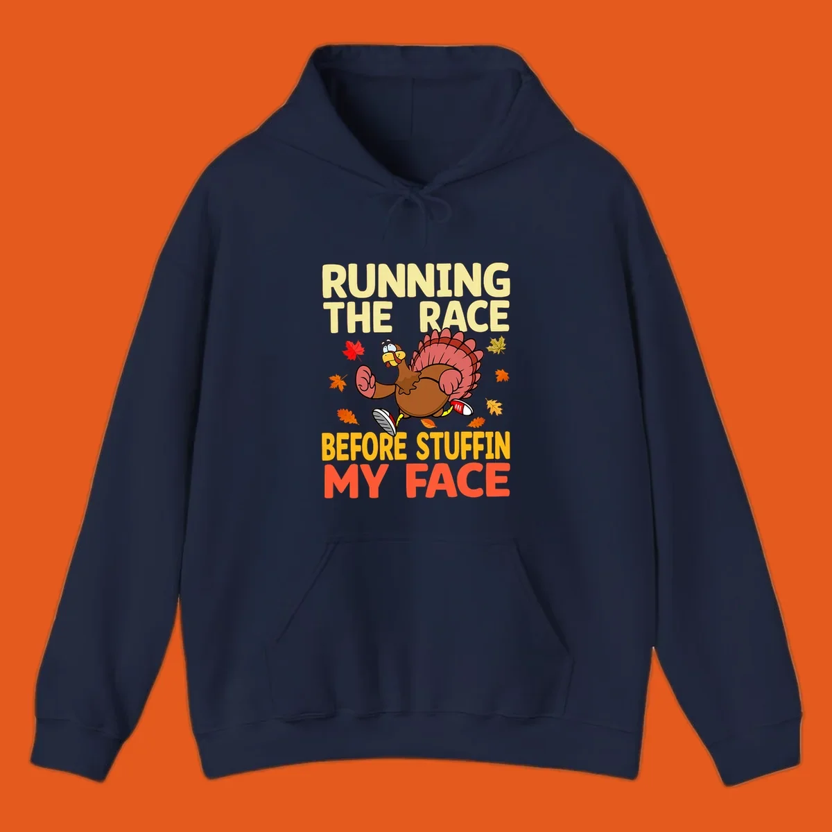 Running turkey with text "RUNNING THE RACE BEFORE STUFFIN MY FACE", a Thanksgiving run concept.