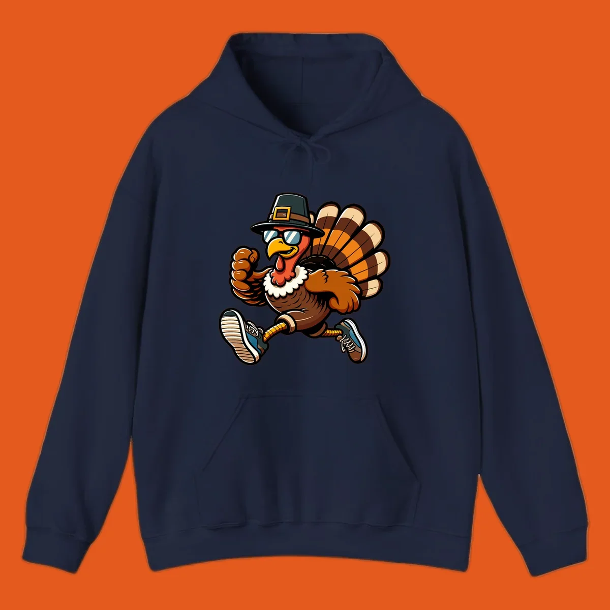 Running turkey trot pilgrim illustration with sunglasses and pilgrim hat.
