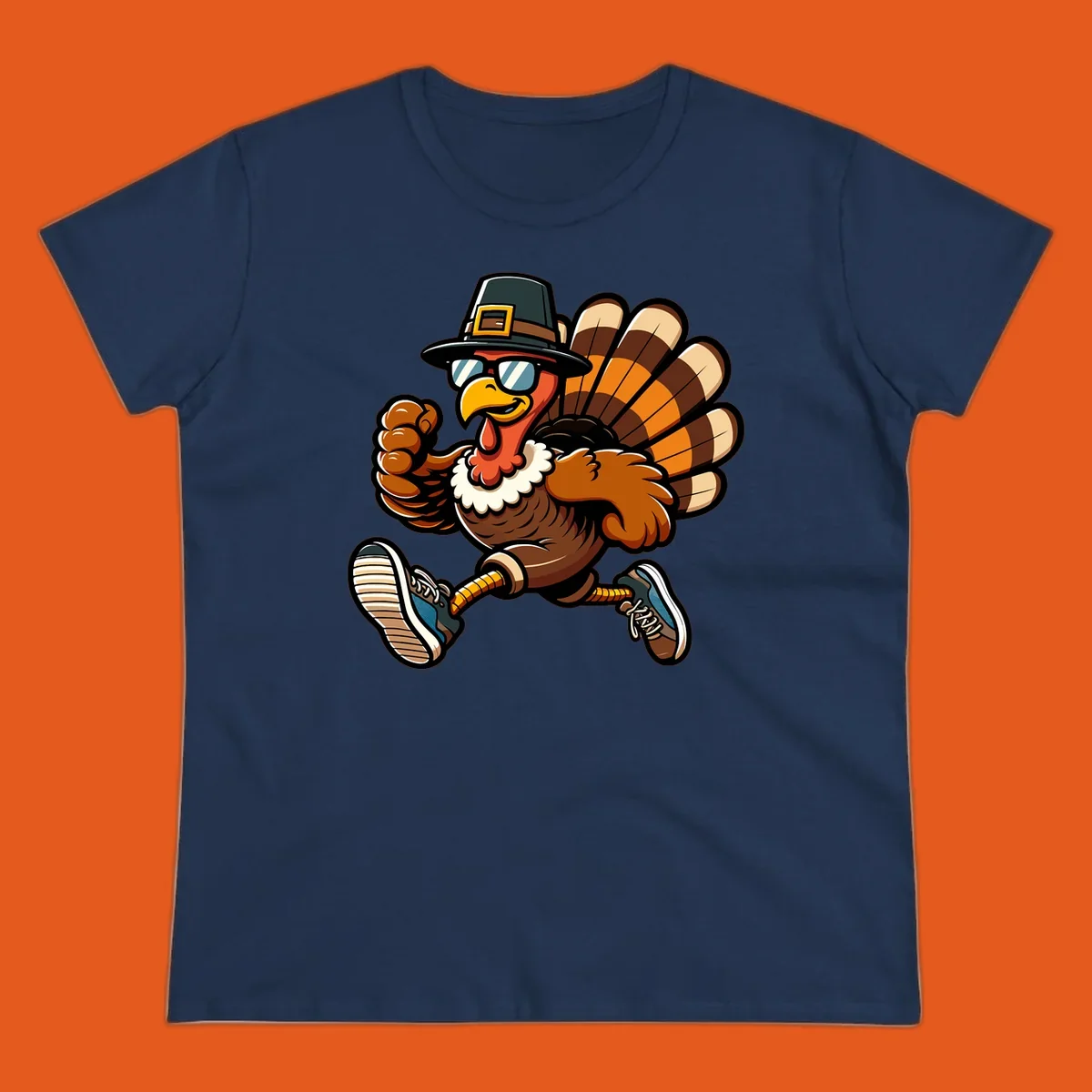 Running turkey trot pilgrim illustration with sunglasses and pilgrim hat.