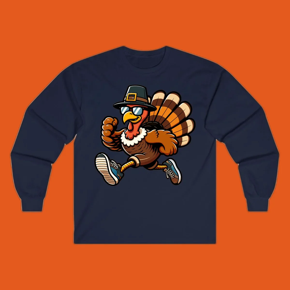 Running turkey trot pilgrim illustration with sunglasses and pilgrim hat.