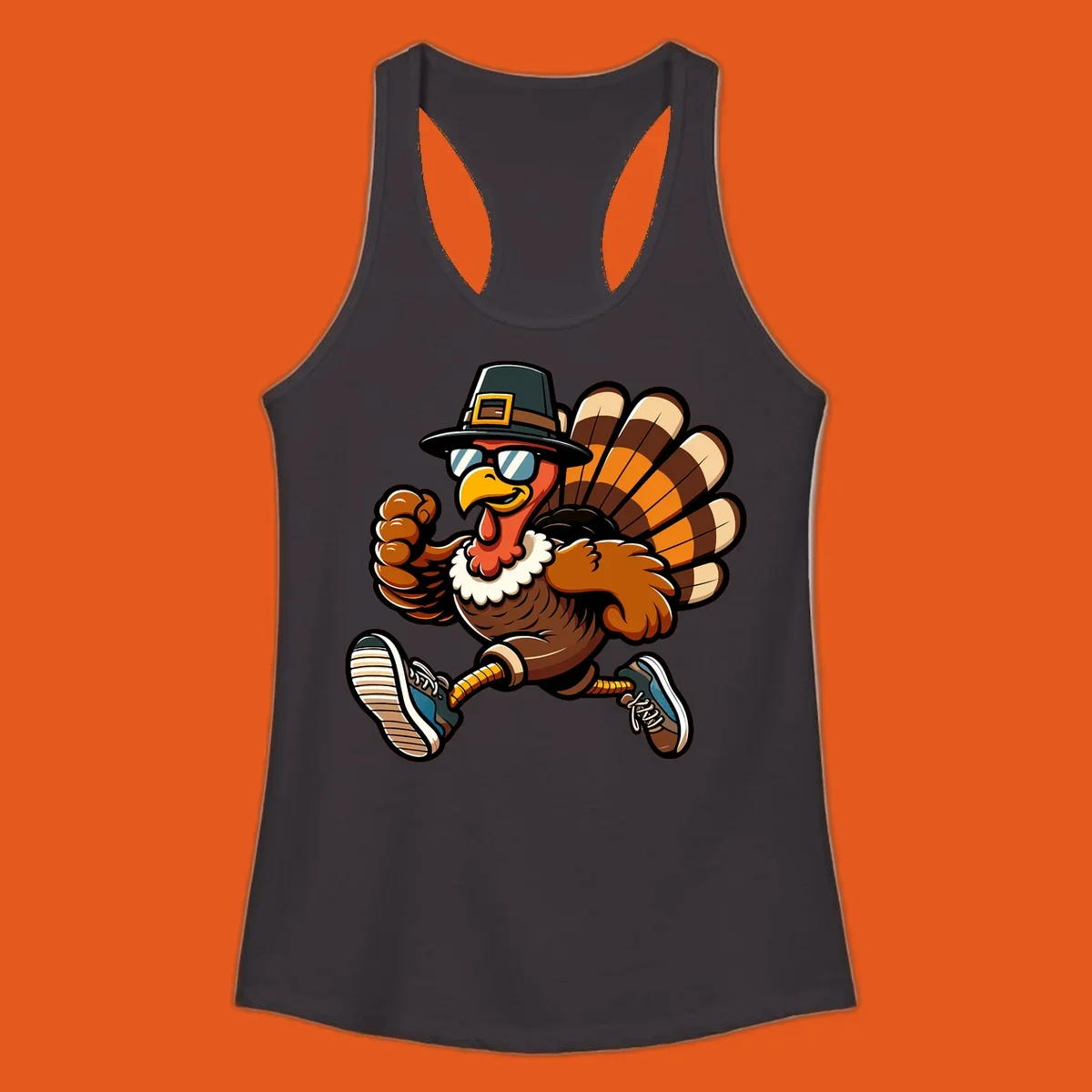 Running turkey trot pilgrim illustration with sunglasses and pilgrim hat.