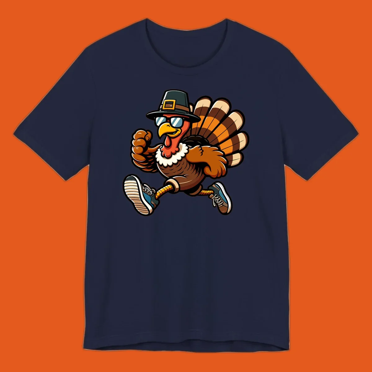 Running turkey trot pilgrim illustration with sunglasses and pilgrim hat.