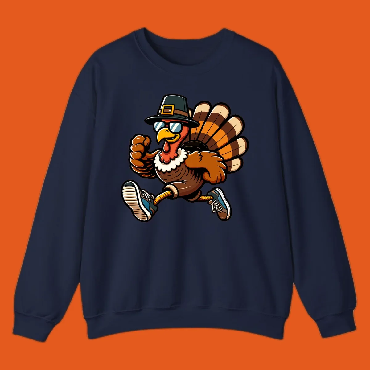 Running turkey trot pilgrim illustration with sunglasses and pilgrim hat.