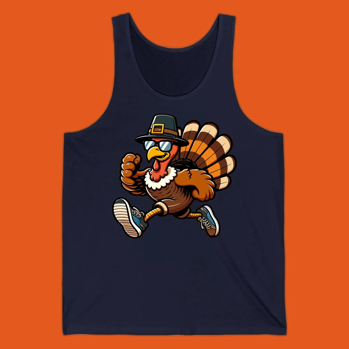 Running turkey trot pilgrim illustration with sunglasses and pilgrim hat.