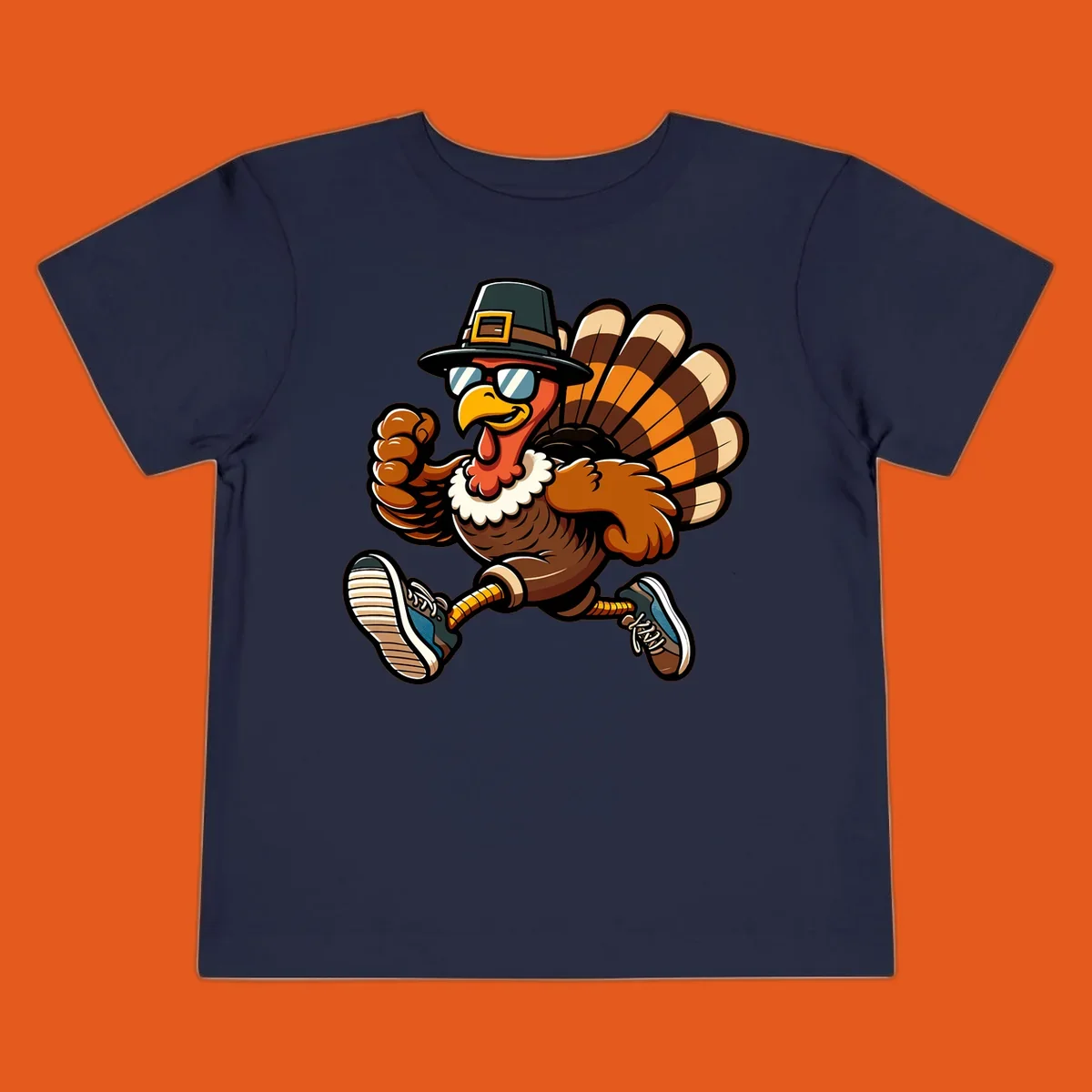 Running turkey trot pilgrim illustration with sunglasses and pilgrim hat.
