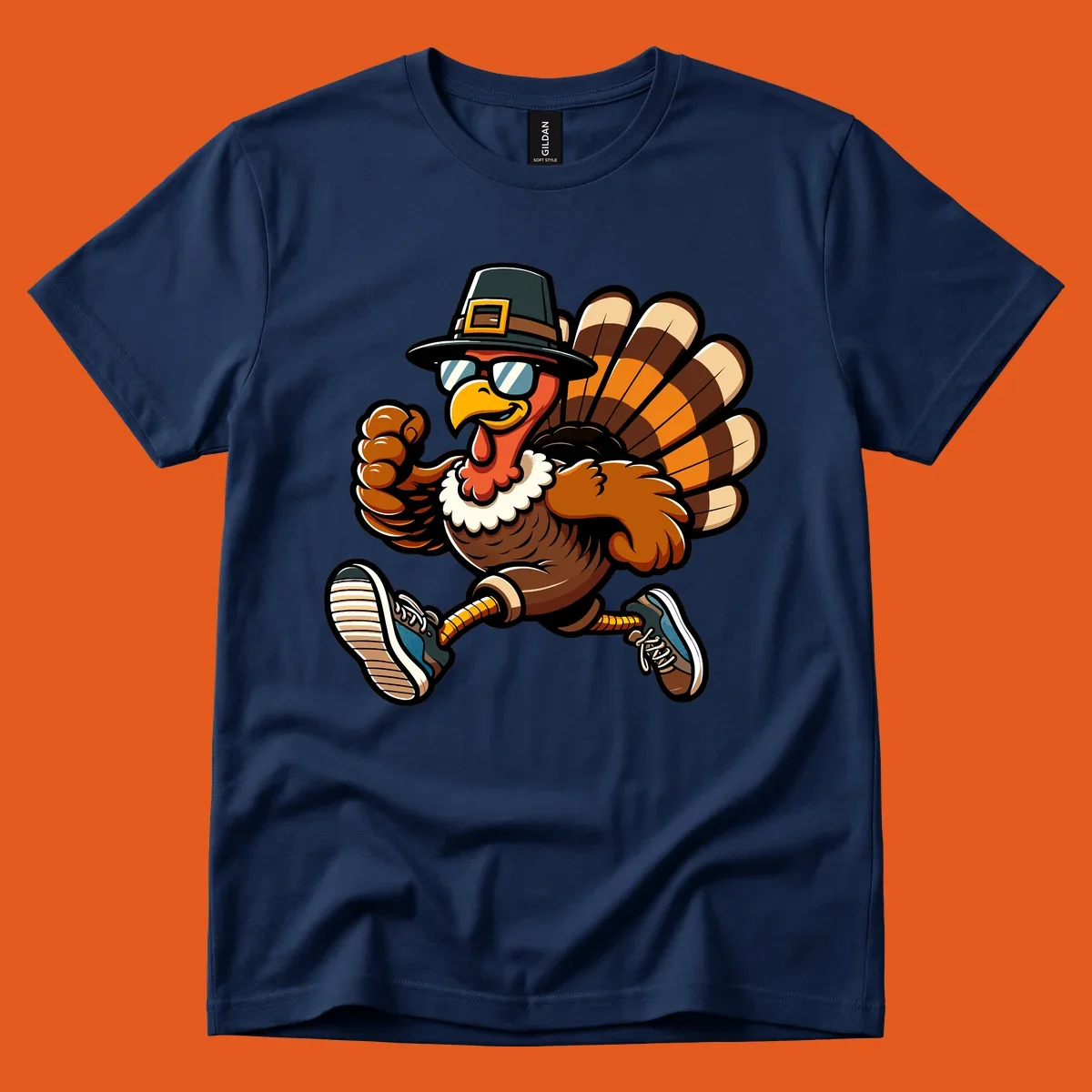 Running turkey trot pilgrim illustration with sunglasses and pilgrim hat.