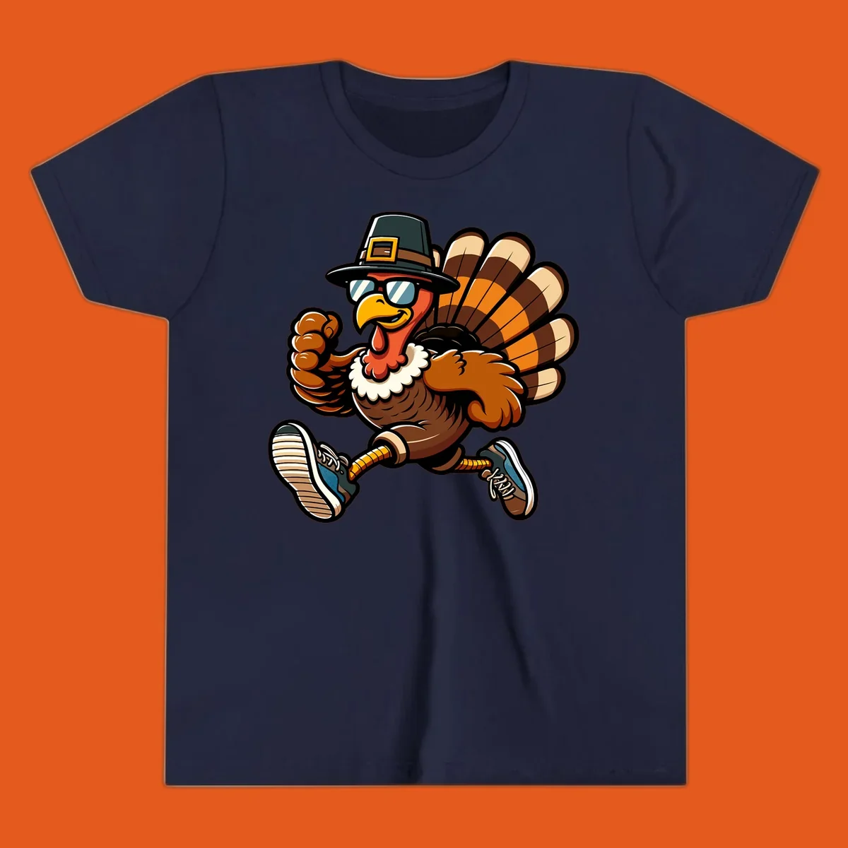 Running turkey trot pilgrim illustration with sunglasses and pilgrim hat.