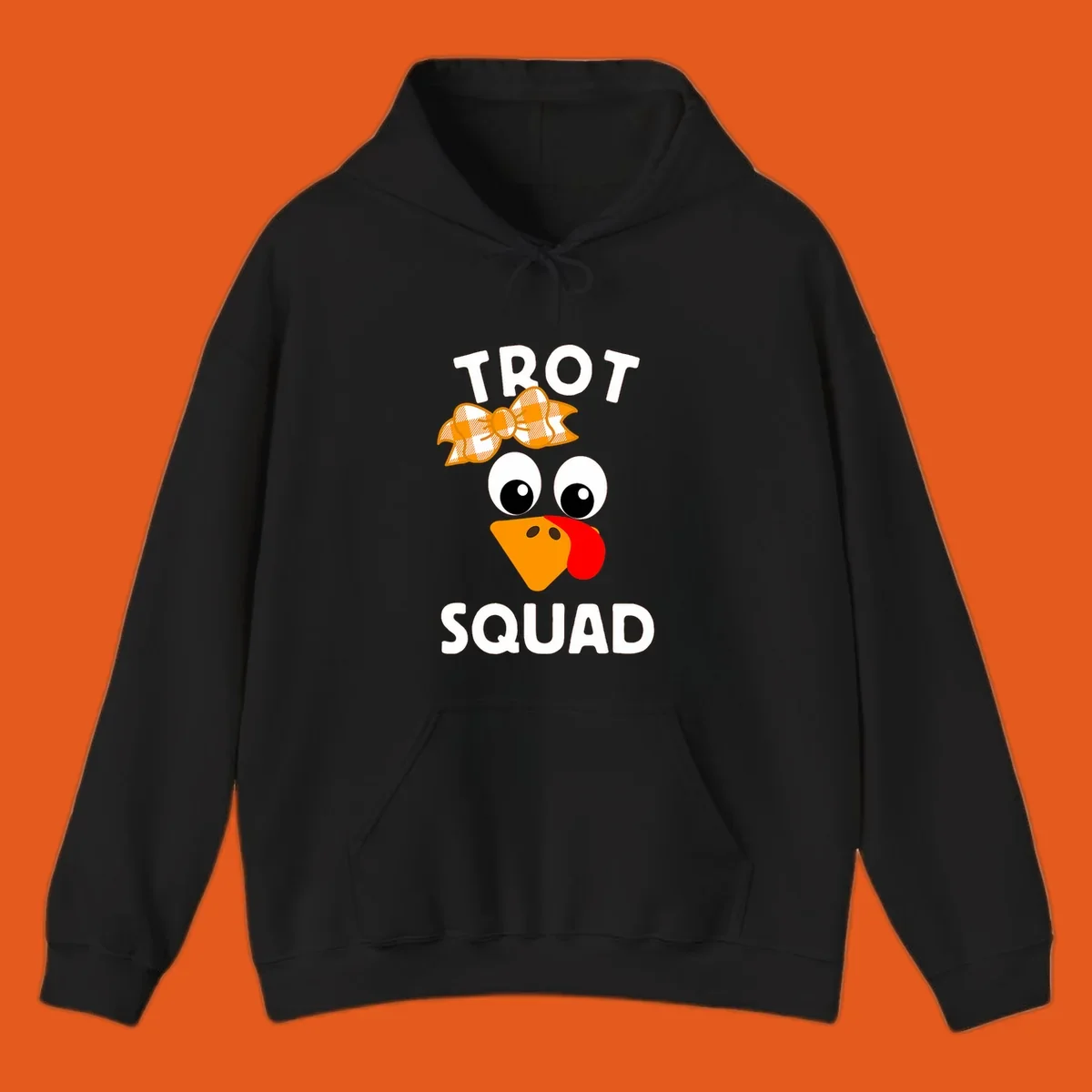 Turkey Trot Squad text with a cartoon turkey face and bow, for Thanksgiving running.