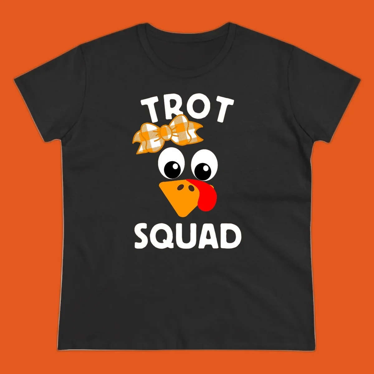 Turkey Trot Squad text with a cartoon turkey face and bow, for Thanksgiving running.