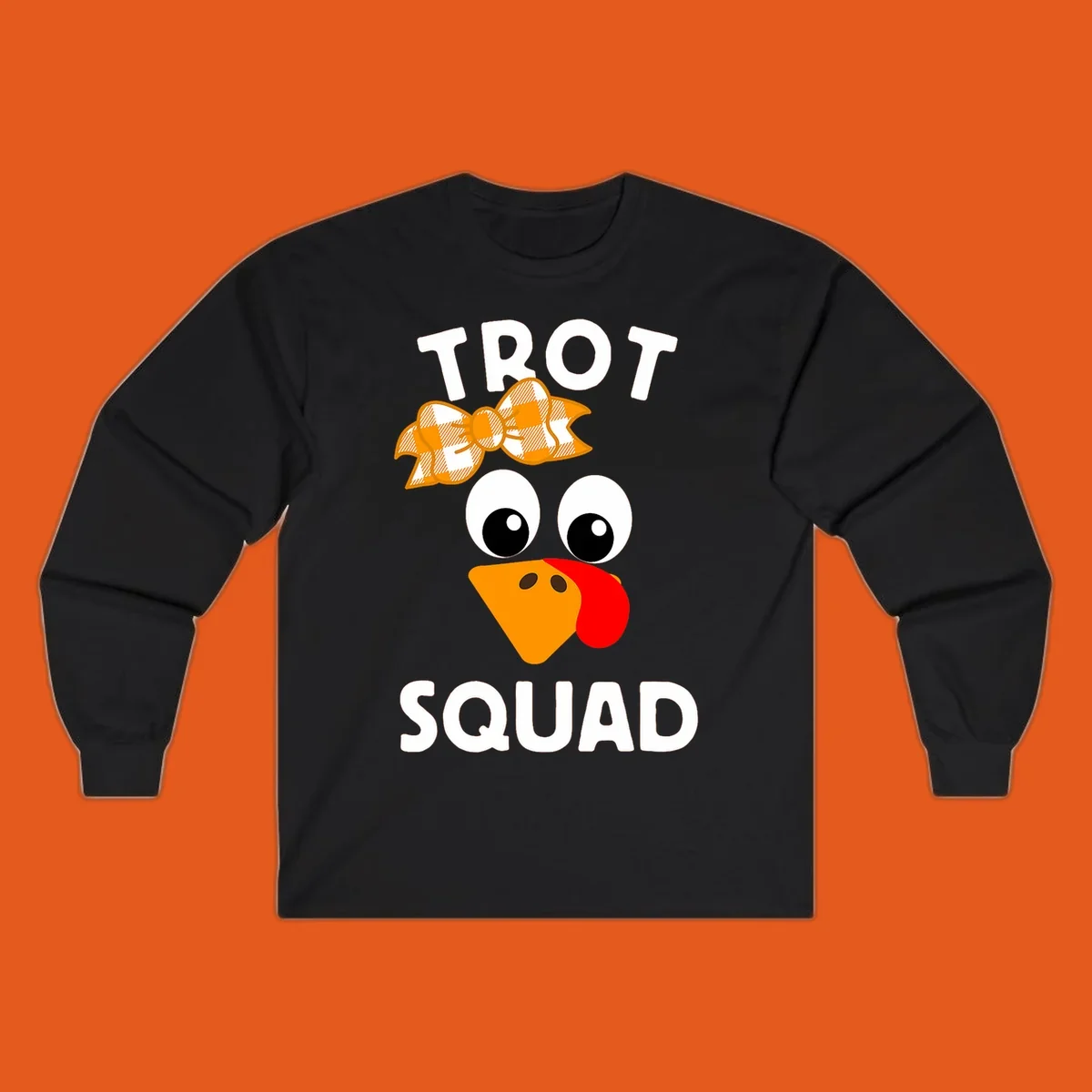 Turkey Trot Squad text with a cartoon turkey face and bow, for Thanksgiving running.