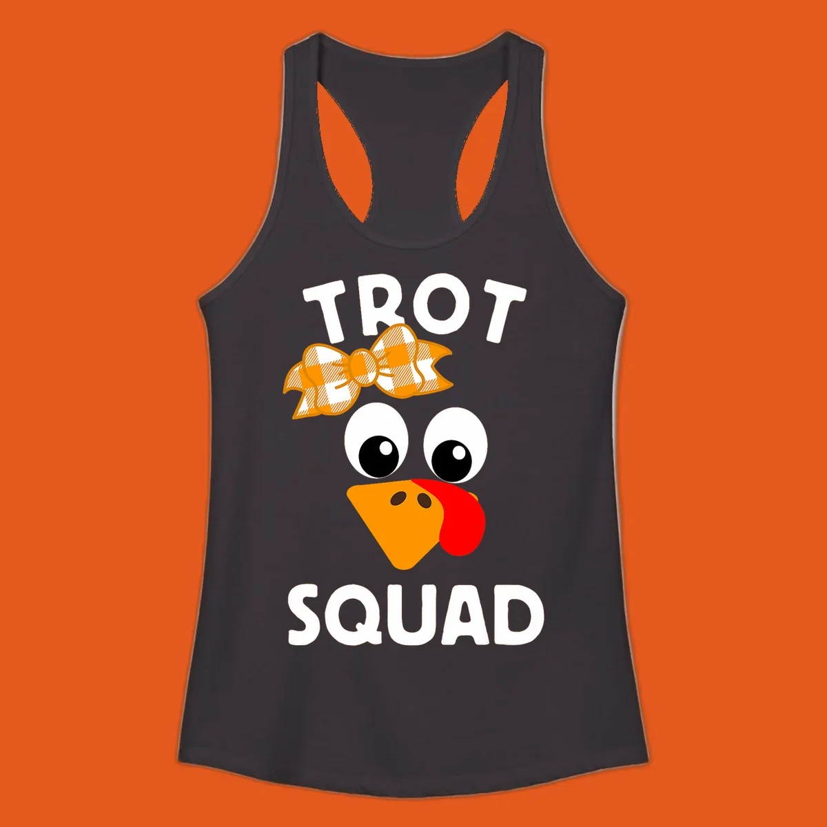 Turkey Trot Squad text with a cartoon turkey face and bow, for Thanksgiving running.