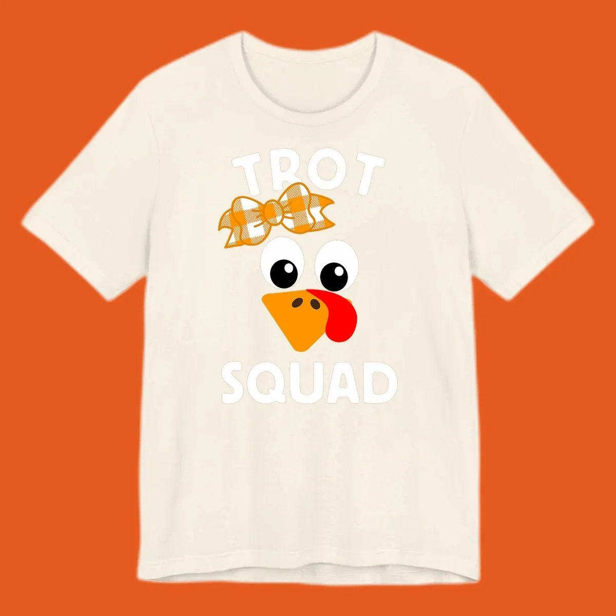 Turkey Trot Squad text with a cartoon turkey face and bow, for Thanksgiving running.